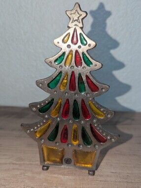 Vintage Christmas Tree Stained Glass Candle Holder Cast Iron Tea Light Taiwan